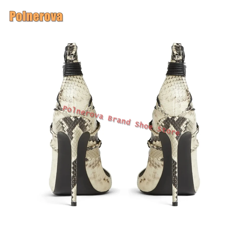 Snake-Effect Cross Tied Sandals Open Toe Stiletto Ankle Strap Shallow Cut Out Sexy Women Fashion Pumps Street Style Party 2025