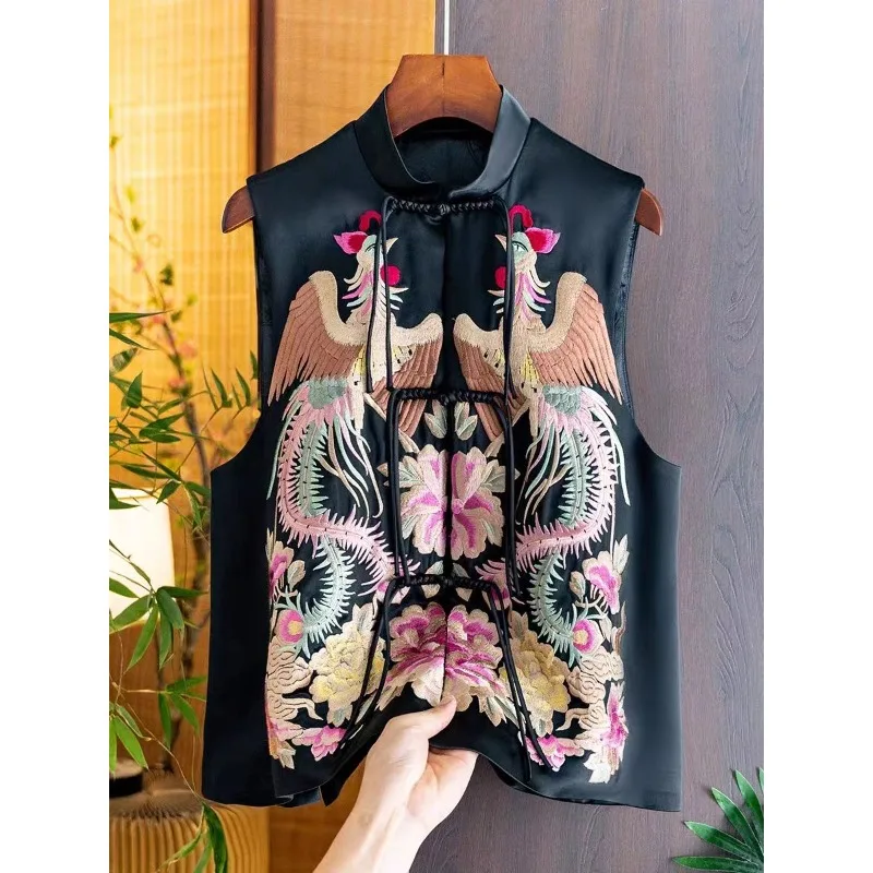 

New Chinese-style Stand-up Collar Vest for Women Button-button Printed Waistcoat Traditional Clothing Vintage Female Tops