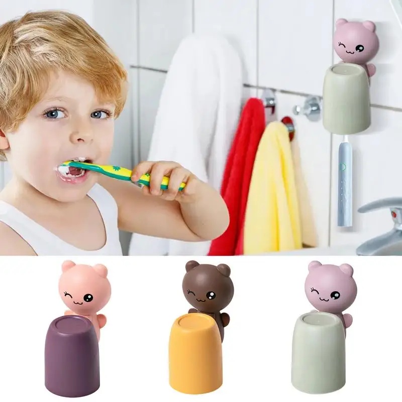 Wall-mounted Toothbrush Holder With Cup Stylish Bear Design Toothpaste Squeezer Dispenser Storage Box for Holiday Gift Kids