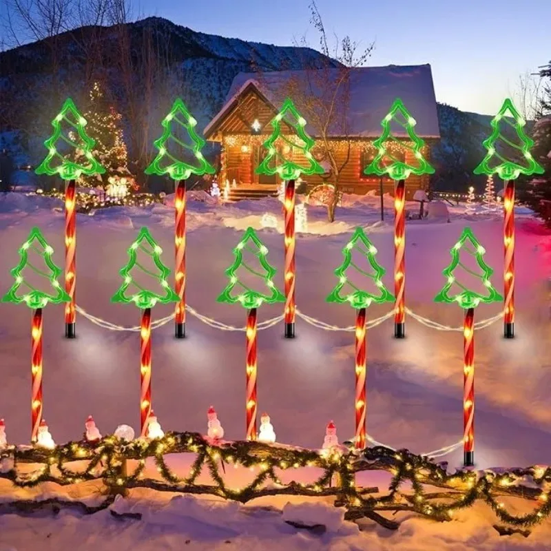 Solar LED Christmas Path Lights Tree Outline Ground Stakes With Red White Candy Cane Poles For Walkway Courtyard Holiday Display
