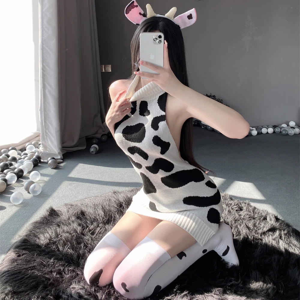 Sexy Cosplay Costume Maid Virgin Killer Sweater Cow Pattern Turtleneck Sleeveless Dress Hollow Knitted Pullovers Fall Sweaters