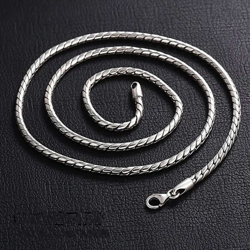 BOCAI New Real S925 Silver Men and Women's Necklace 3MM Vintage Exquisite Snake Bone Chain Fashion Knitting Sweater Chain