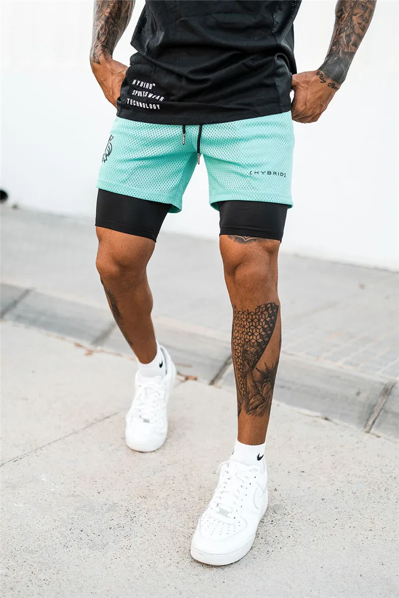 Men's Double Layer Jogger Shorts 2 in 1 Short Pants Gyms Fitness Built-in Pocket Bermuda Quick Dry Beach Shorts Male Sweatpants