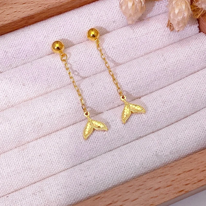 QEENKISS 24KT Gold Shiny Fishtail Tassel Stud Earrings For Women Wedding Party Birthday Christmas Bride Mother Girl Gifts EG5599