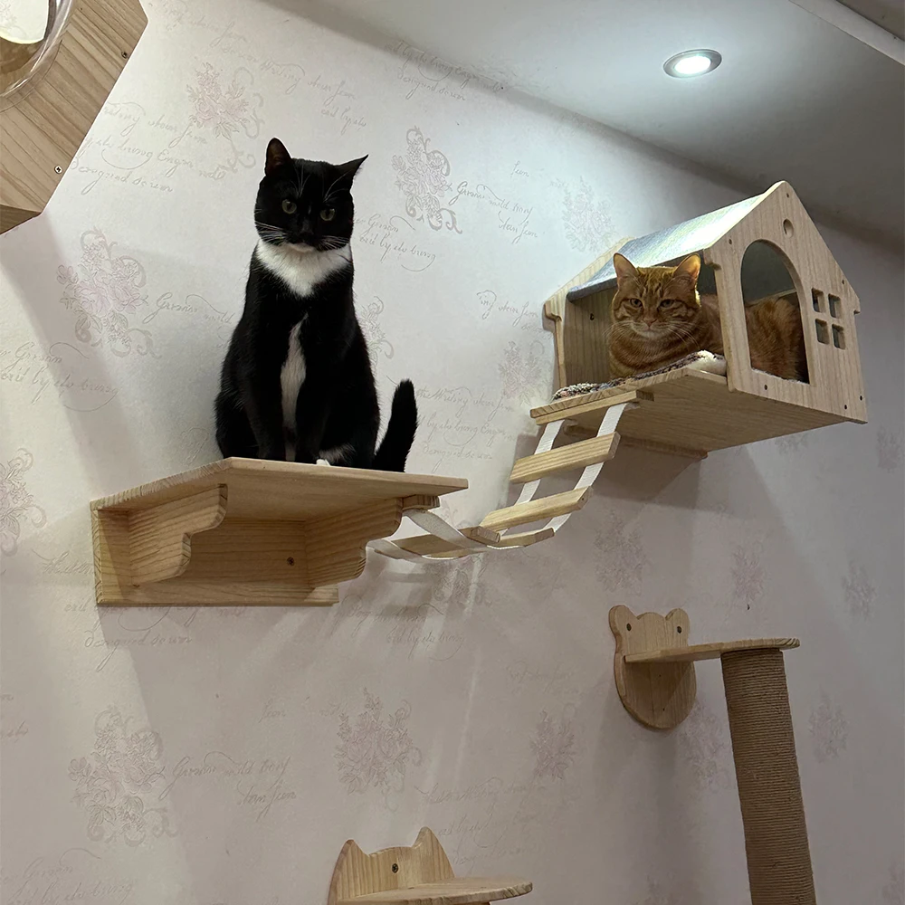 

1 Piece Cat Wall Mounted Wood House and Jumping Platform with Hanging Bed or Scratching Post for Kitten Grinding Claws Resting