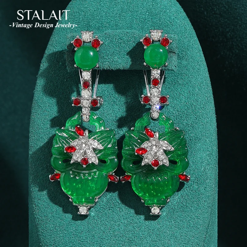 

Vintage Large Green Earrings Drop Jade Lock Pendant Silver Color Zircon Luxury Designer Jewelry Accessories For Women 2026 New