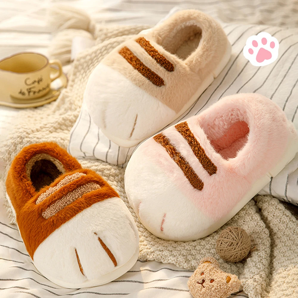 

3D Cat Paw Plush Slippers Warm Slip-on House Shoes Comfortable Fluffy Home Slippers Furry Paw Couple Slippers for Autumn Winter