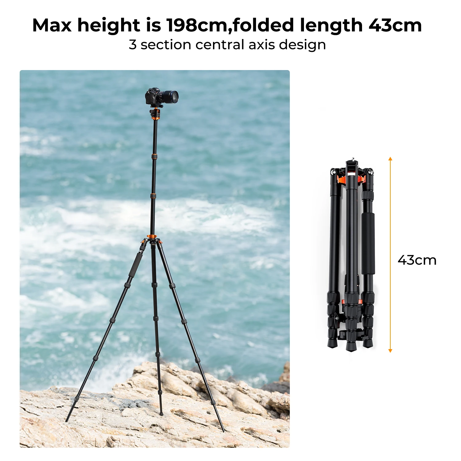 K&F Concept 78 inch/198cm Camera Tripod 3 Sections Central Axis Travel Tripod with 26.4 lbs/12KG Load Ball Head for DSLR Cameras