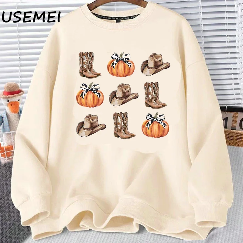 

Retro Cowboy Boots Halloween Sweatshirt Autumn Western Pumpkin Hoodie Retro Fall Autumn Cowgirl Crewneck Sweatshirt Women's