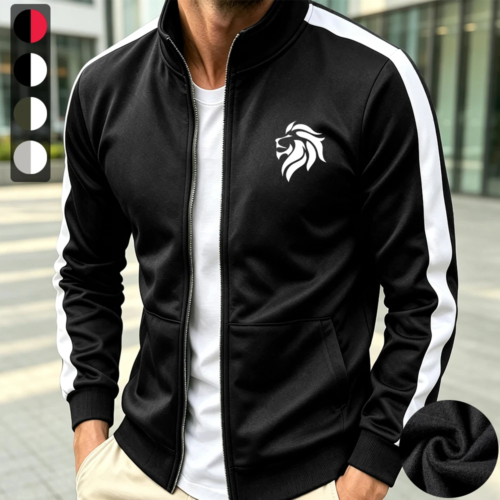 Men's Stand Collar Zip Up Jacket Casual Outerwear With Trendy Lion Print Multi Pocket Jacket For Outdoor Running And Commute