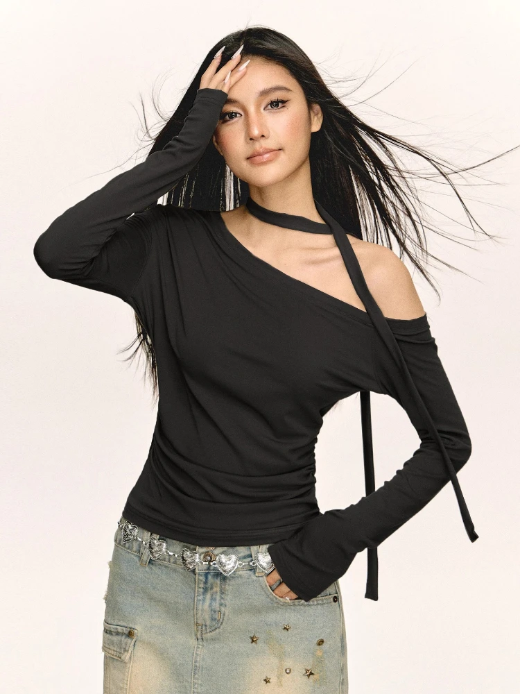 

2025 Streetwear Vintage Sexy Skew Collar T-shirt Y2k Aesthetic Women Slim Fit Pleated Tshirts Harajuku Bandage Grunge Solid Tops