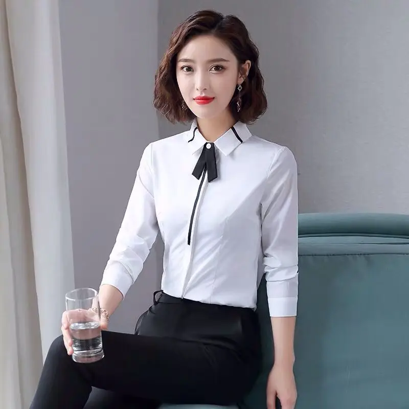 Spring Summer New White Office Slim Blouse Polo Neck Long Sleeve Bow Patchwork Solid Shirt Tops Elegant Fashion Women Clothing