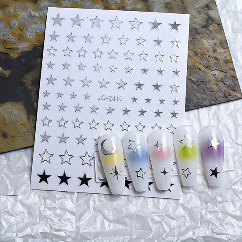 Pegatinas metálicas de corazón 3D para decoración de manicura, deslizador autoadhesivo, láser holográfico, Estrella y Luna, 1 hoja