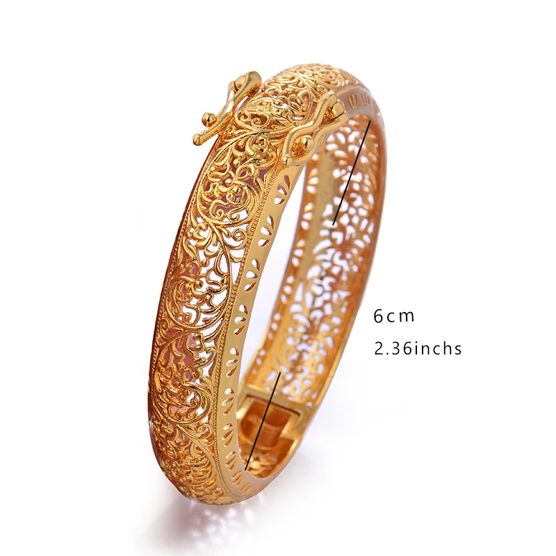 Dubai Gold Color Bangles For Women African Bride Wedding Banquet Party Bracelet Jewelry Gifts Arabic Charm Flower Shape Bangles