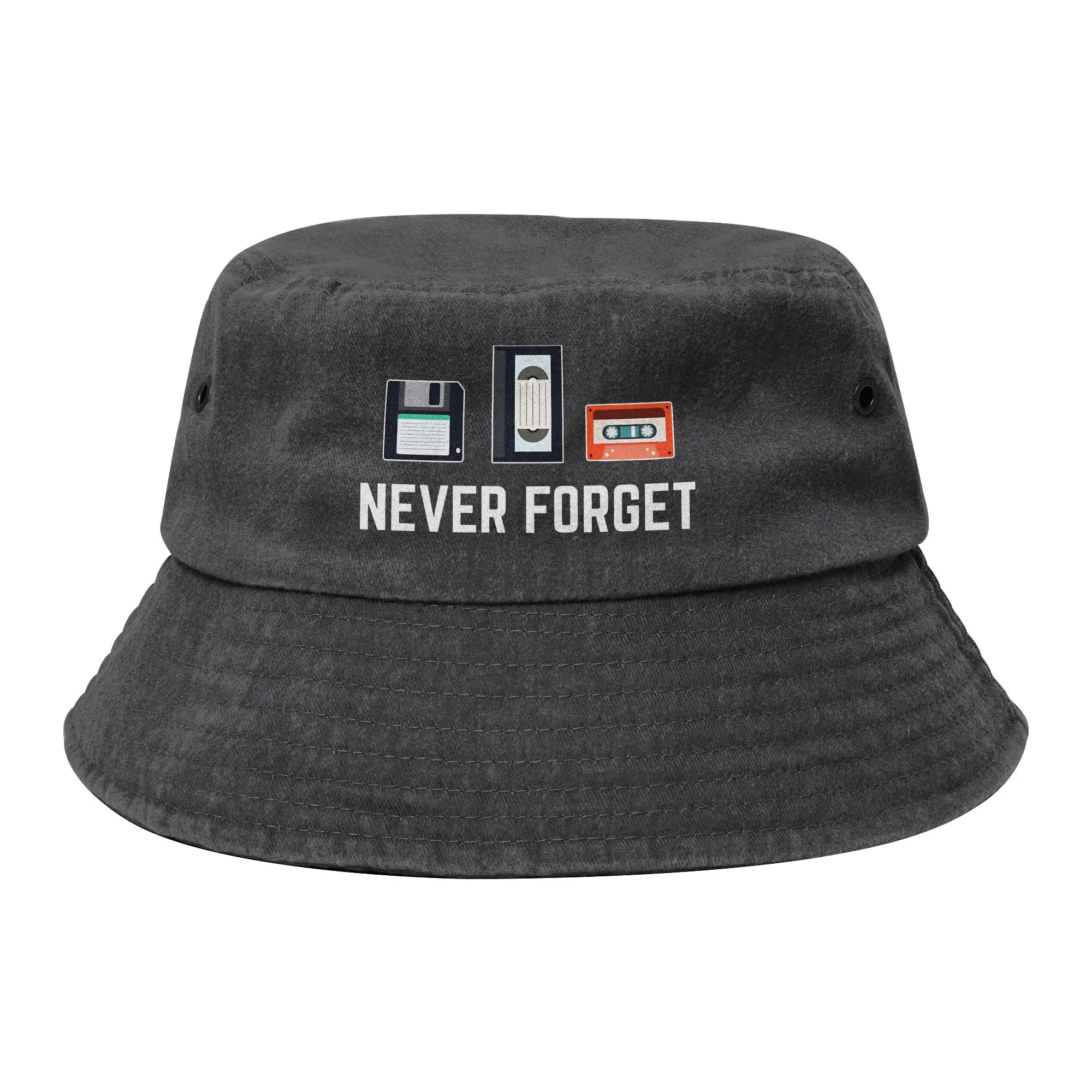 Unisex Distressed Washed Bucket Hats Never Forget VHS Tape Cassette Summer Travel Outdoor Sports Fishing Hats  Bob Hat Gift