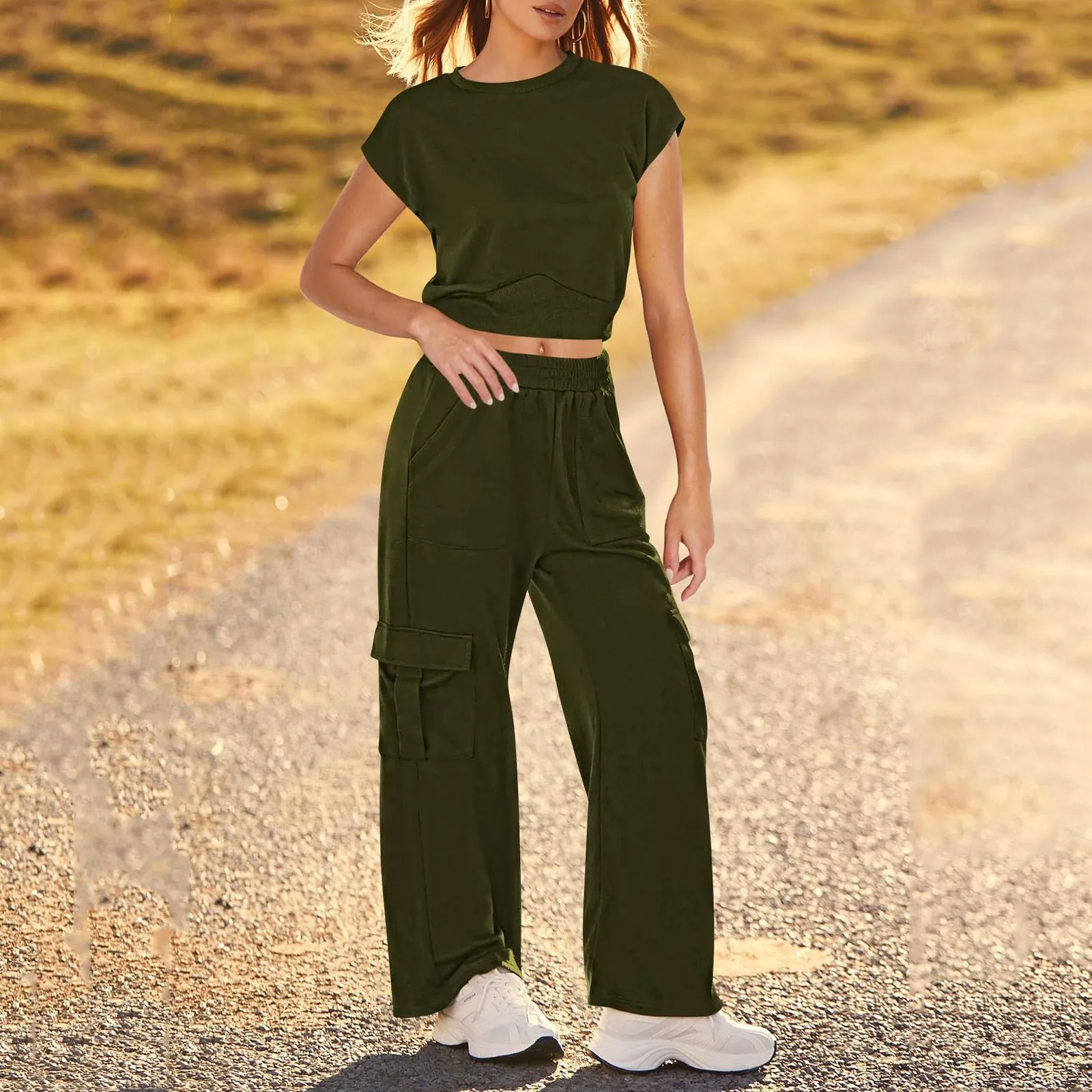 

Casual Summer Two Piece Set Women Outfit 2024 Solid Loose Crop Top Wide Leg Pants Suits Chic And Elegant Woman Sets