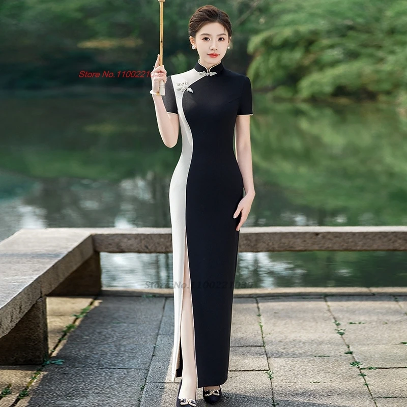 

2025 chinese improved qipao traditional patchwork color formal dress performance cheongsam oriental banquet evening dress qipao