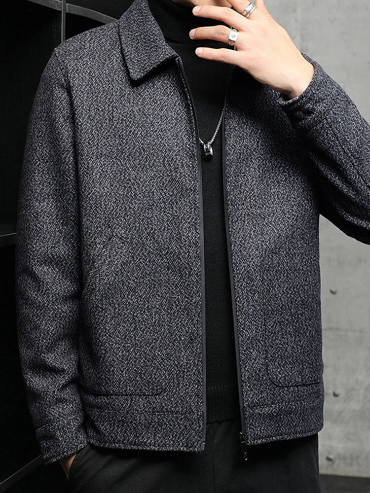 Men\'s New Tweed Coat Padded Thickened Winter Cold Flap Collar Zipper Solid Color Casual Trend Large Pockets Comfortable Jacket