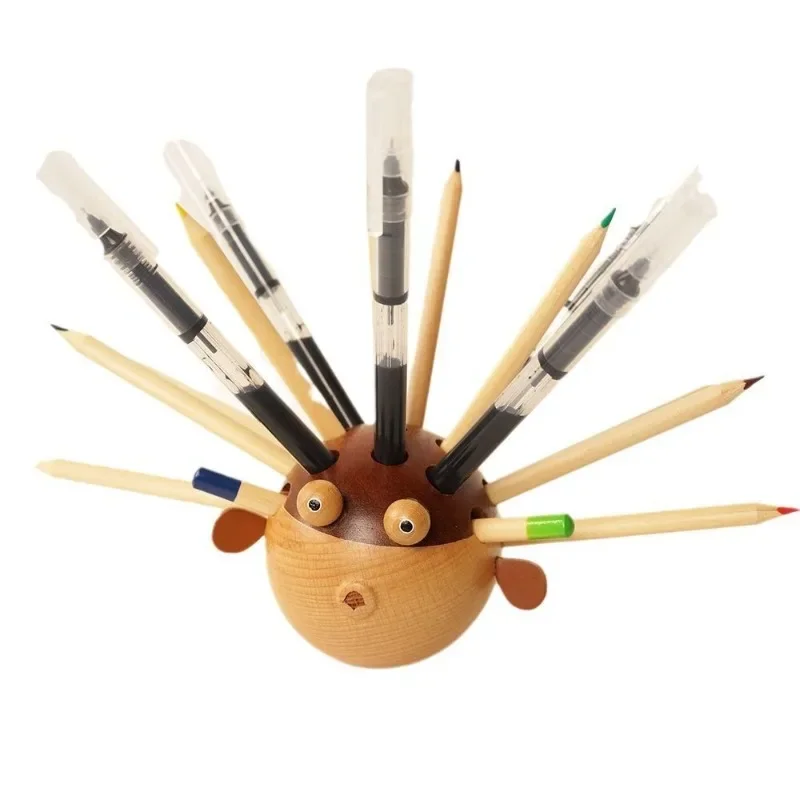 

ins wind puffer fish pen holder storage box children's home creative gift office pen insert solid wooden desktop ornament