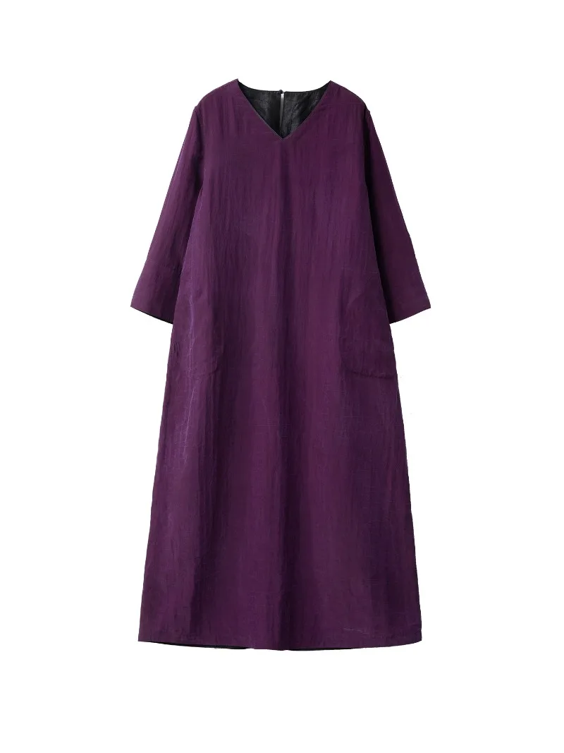 Double Sided 100% Natural Mulberry Silk Gambiered Guangdong Gauze Turtle Cracked Chinese Style V-neck Long Sleeved Dress