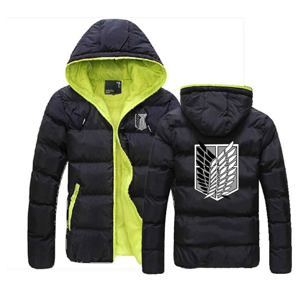 

2023 Attack On Titan Logo Print Mens Warmer Contrast Color Hooded Down Coat Autumn Winter Cotton Liner Personality Padded Jacket