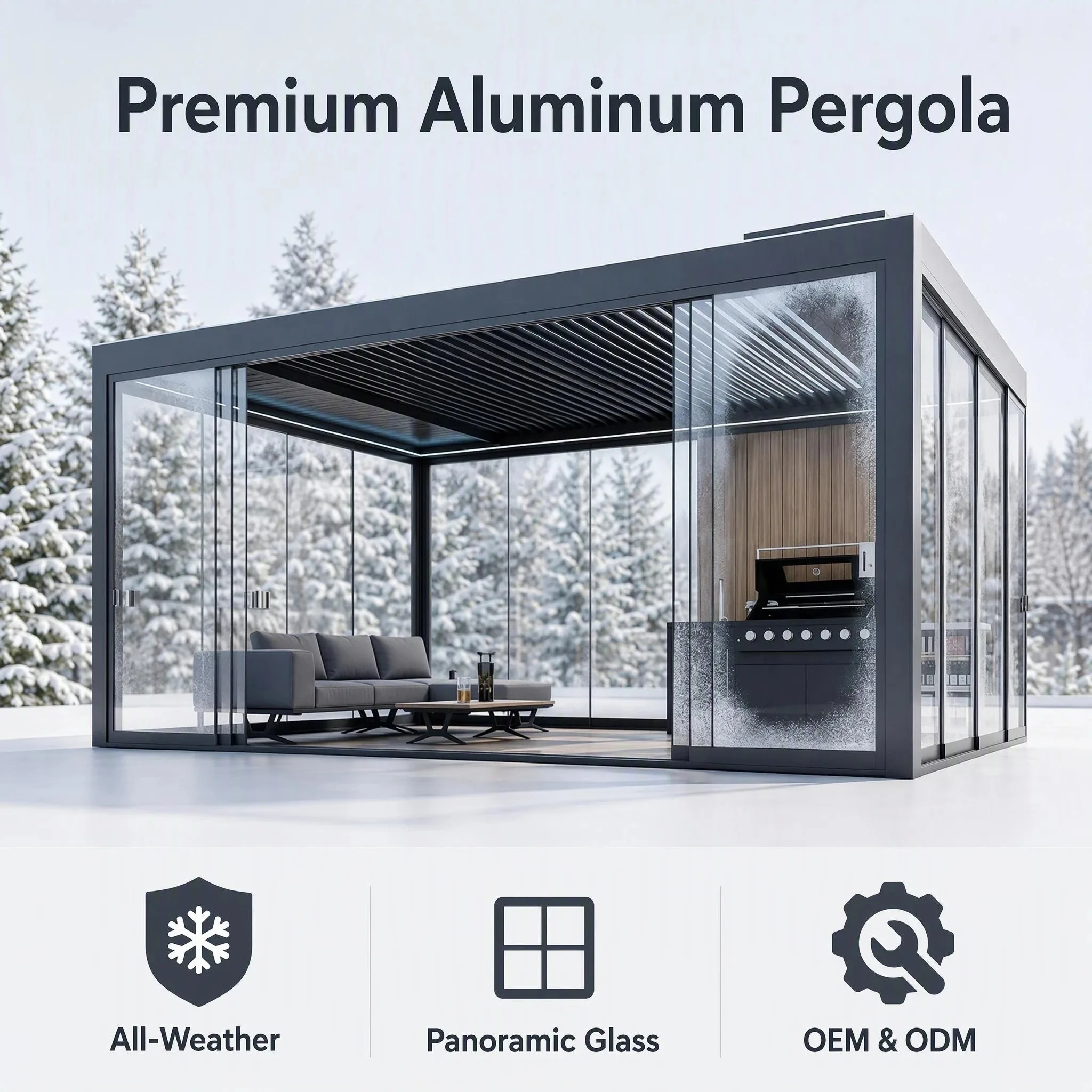 Bioclimatic Freestanding Metal Pavilion Snow Load Resistant Cold Weather Pergola Suitable For Outdoor Backyard Fire Pit Area