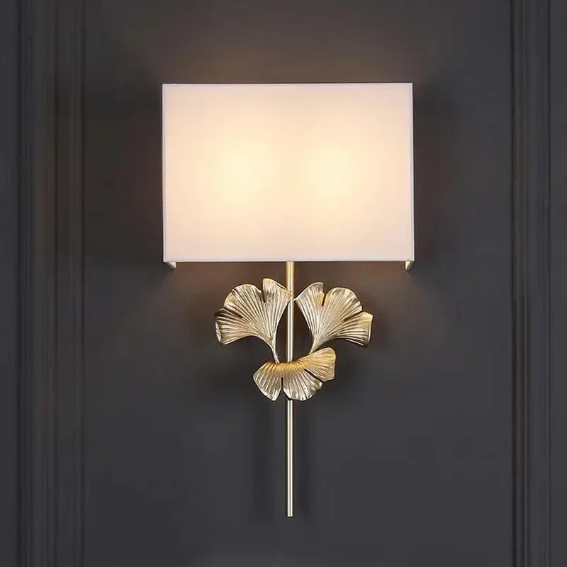 American light luxury ginkgo biloba full copper wall lamp designer bedroom wall lamp