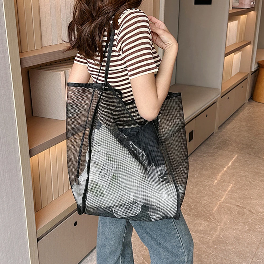 حقيبة شاطئ شبكية، حقيبة مستحضرات تجميل كبيرة على الشاطئ مع جيب بسحاب لحقيبة حمام السباحة العائلية لأساسيات الألعاب والعطلات