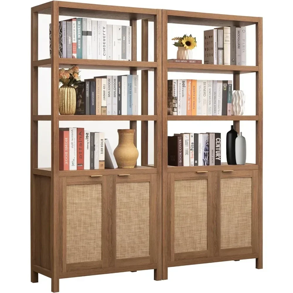 Bookshelf 5 Tier Book Shelf Rattan Boho Tall Bookcase with Doors Storage Wood Shelves Large Bookshelves Farmhouse Bookcases