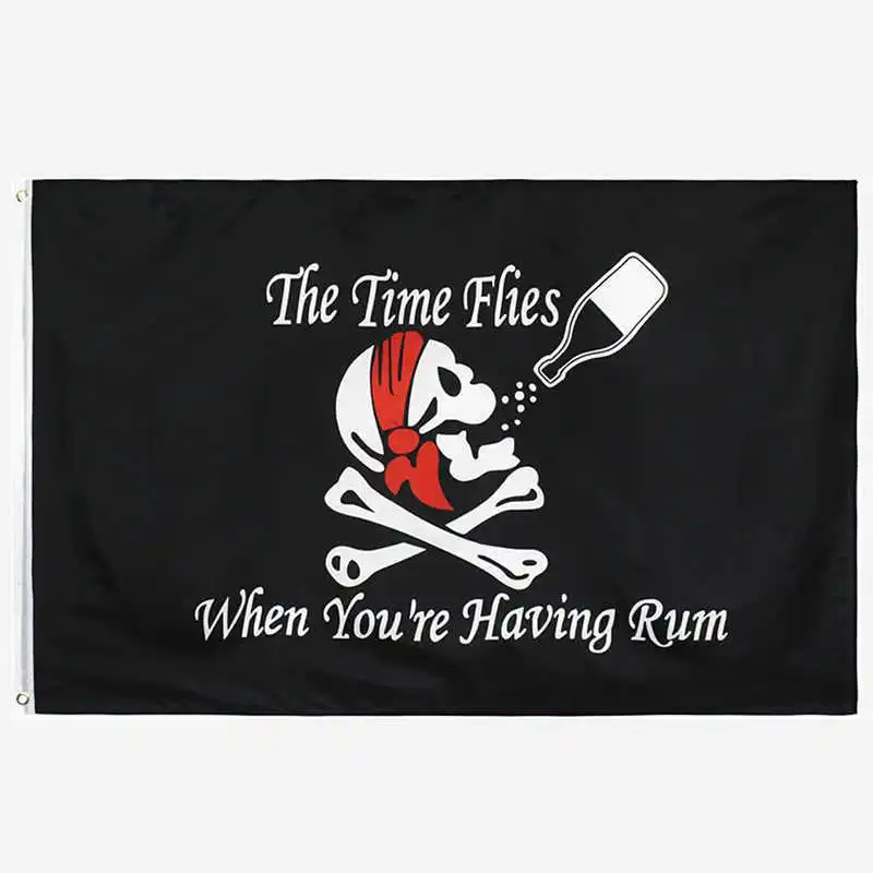 Halloween Pirate Flag Skull The Time Flies When You’re Having Rum Printed 90x150cm Polyester Decorative Black Flags Banners