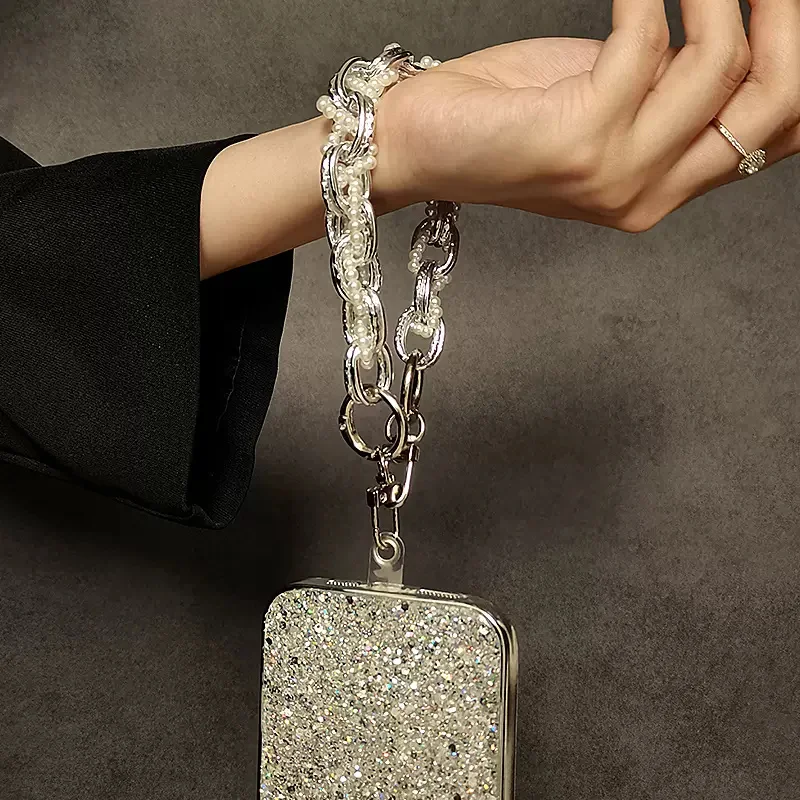 Luxury Pearl Silver Mobile Phone Lanyard Wrist Strap Lady Hand-held Chain Short Anti-lost Cell Phone Earphones Cute Key Pendant