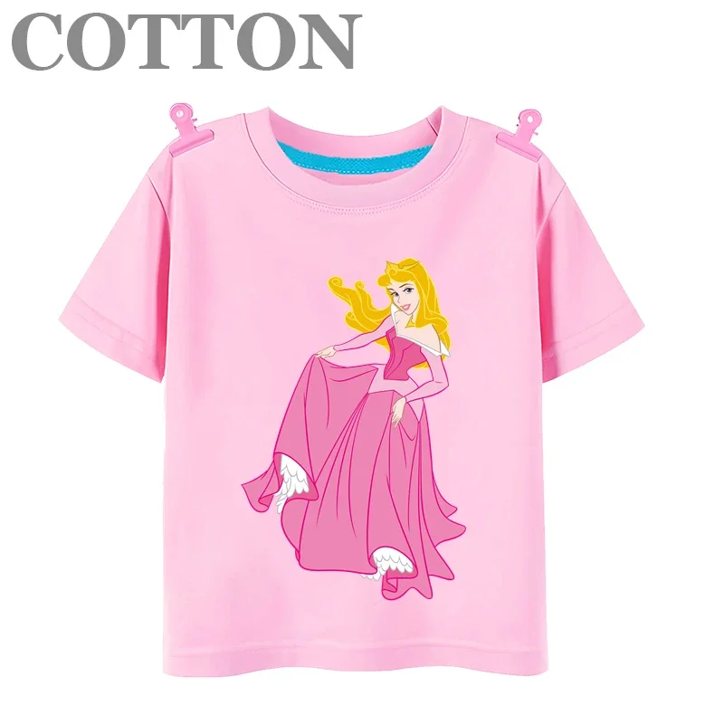 Camiseta de algodón con estampado de dibujos animados para niños, vestido de princesa Aurora, estampado de manga corta, cuello redondo, moda de Anime de Disney, verano, nuevo