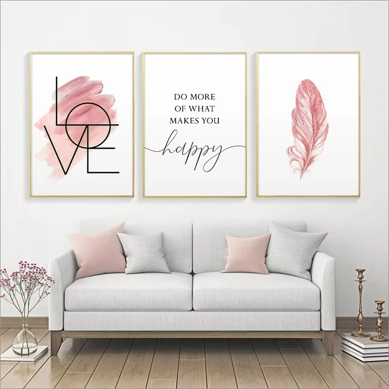 Blush Pink Feather Canvas Painting Inspirational Quote Posters and Prints Love Sign Wall Art Picture for Girls Room Home Decor