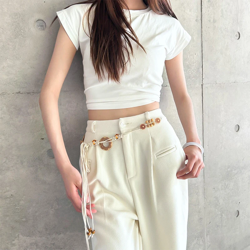 ボヘミアンスタイル織りエスニックスタイル手作り木製ビーズレディースベルトカジュアル休暇スタイルウエストロープ