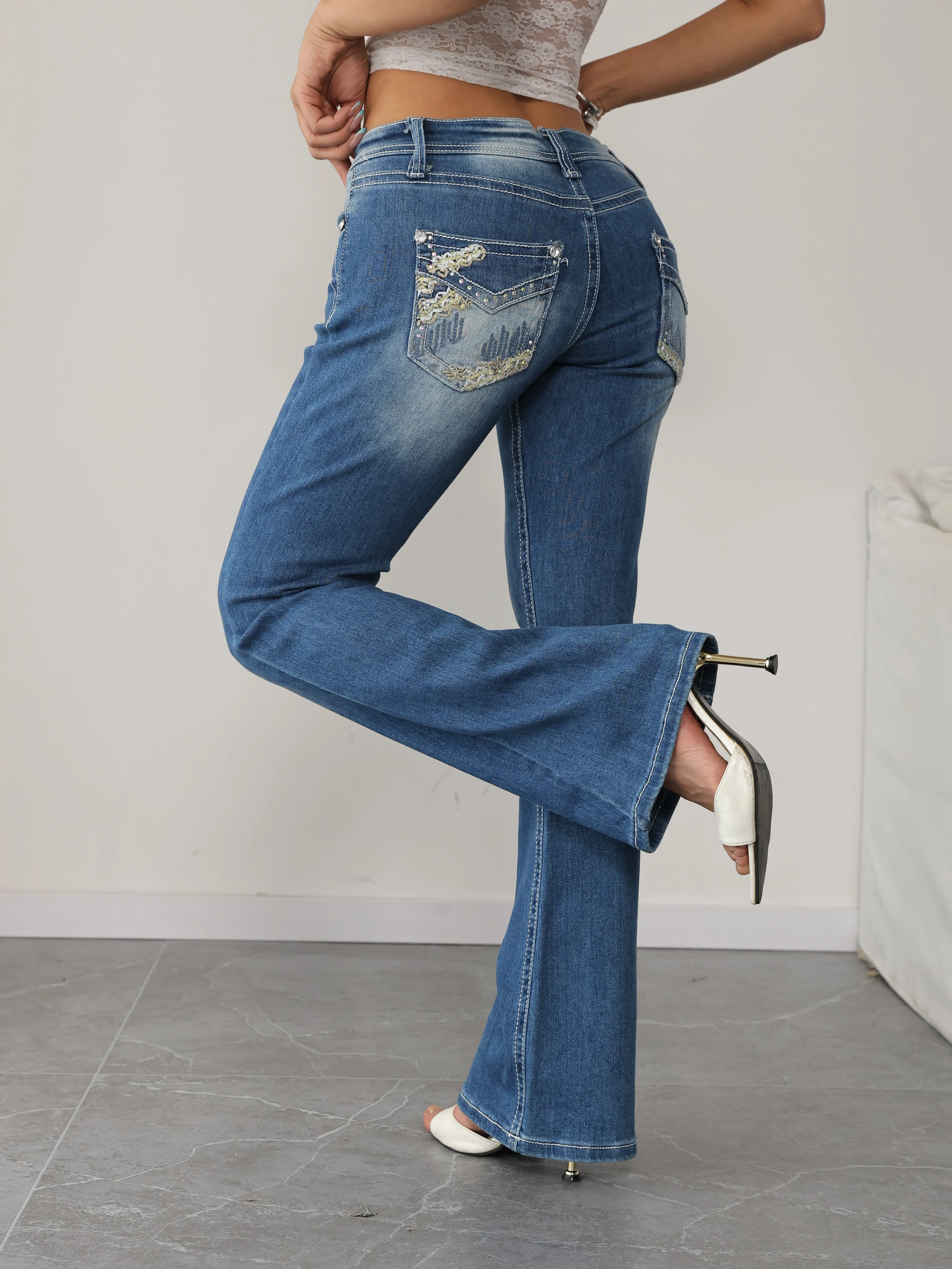 Calça jeans feminina plus size cintura alta flare calça jeans macia confortável uso diário