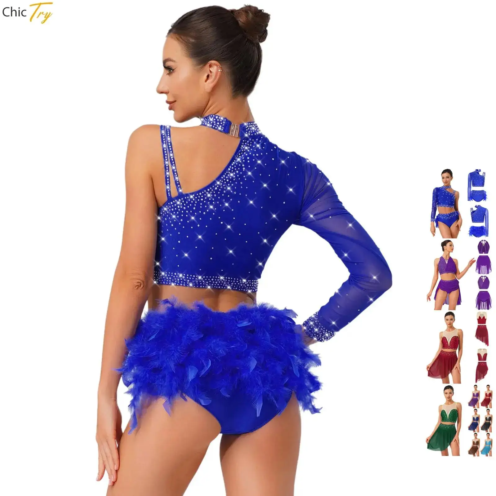 Damskie bezrękawniki do baletu lirycznego z dżetami i mini trykoty z spódniczką, nowoczesne stroje do cheerleadingu i tańca współczesnego.