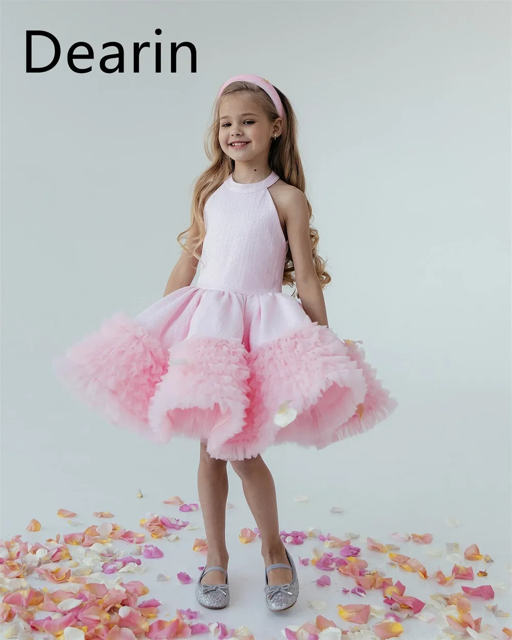 Vestido de menina de flor personalizado Dearin Jewel A-line saias na altura do joelho vestidos em camadas dobráveis