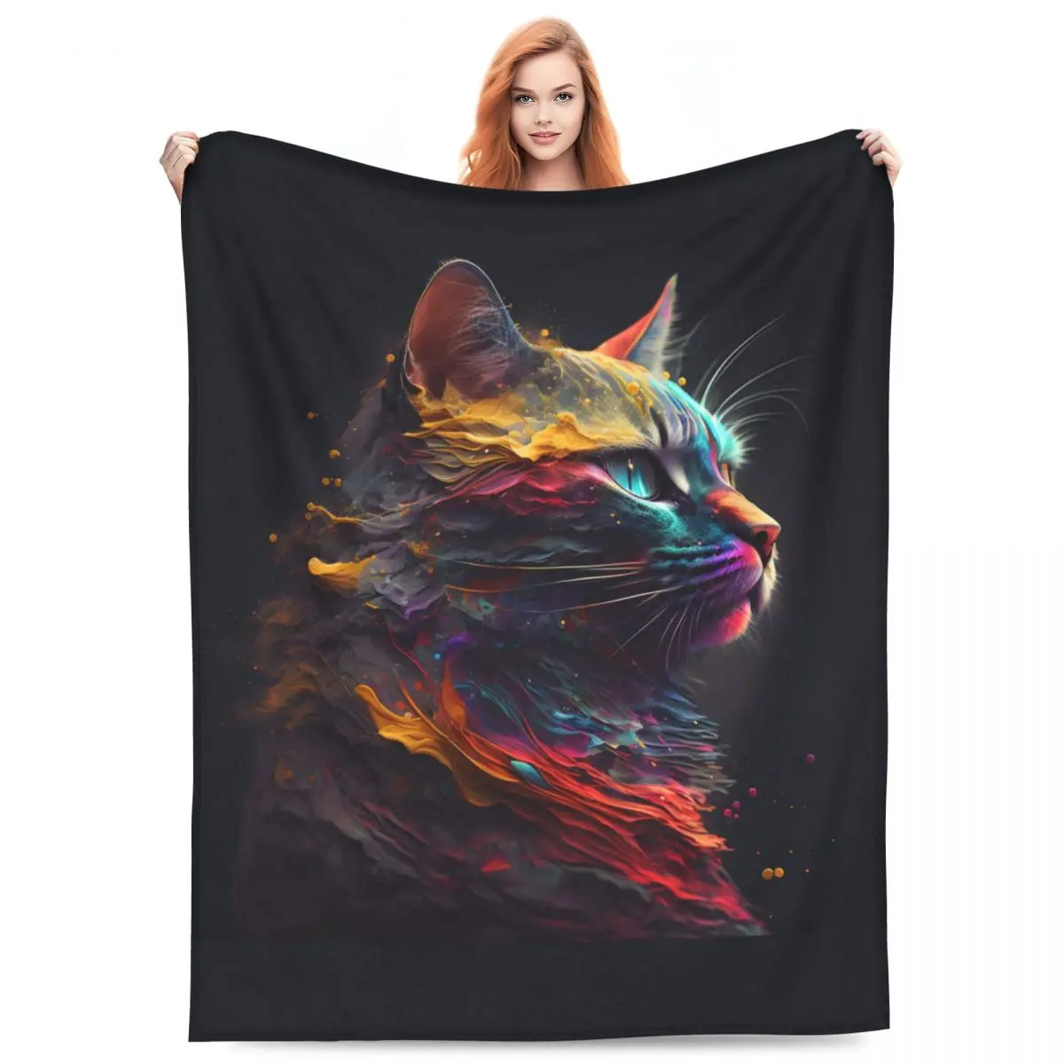 Abstract Cat Soft Durable Blanket Colorful Splash Print Camping Throw Blanket Autumn Custom DIY Flannel Bedspread Sofa Bed Cover