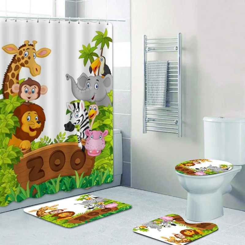 Funny Cartoon Jungle Animals Giraffe Toucan Zebra Bathroom Curtain Shower Curtain Set Cute Safari Lion Bath Mats Rugs Home Decor