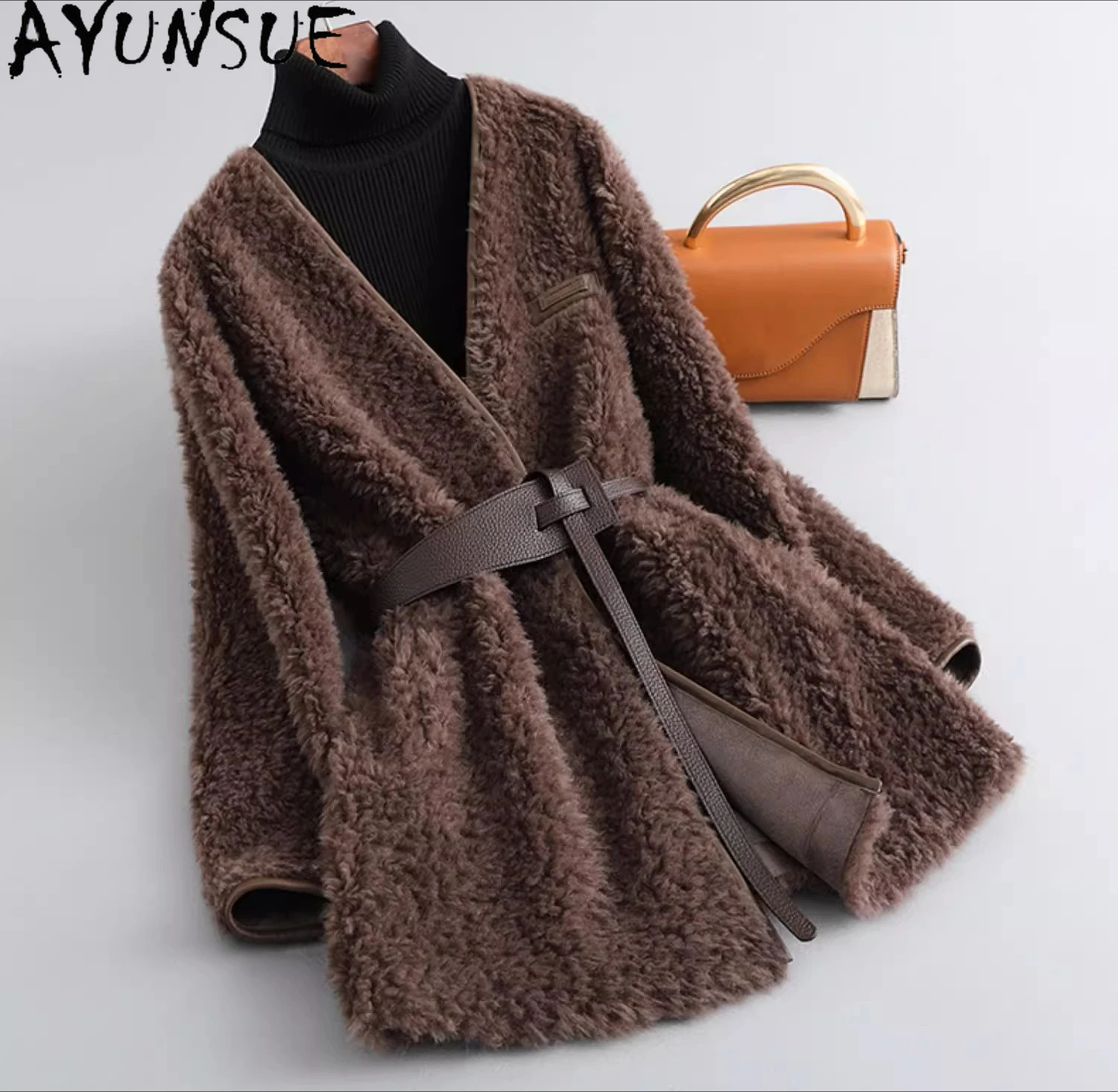 

AYUNSUE 100% Wool Coat Women 2025 Winter Clothes Mid-length Grain Sheep Shearing Coats Woman Composite Fur Пальто Женское