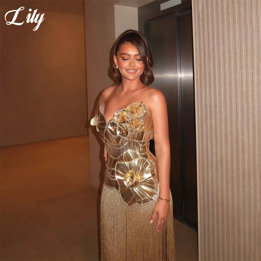 Lily Gold Luxury Vintage Prom Dress with 3D Fan Flower Celebrity Dress Floor Length Evening Dress Tassel Formal Gown Customized