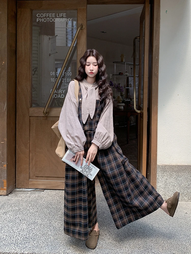 

Retro Plaid Bib Overalls Set Women Spring Autumn Youthful College Sle Korean System irt Rer Two Piece Set Casual Wind