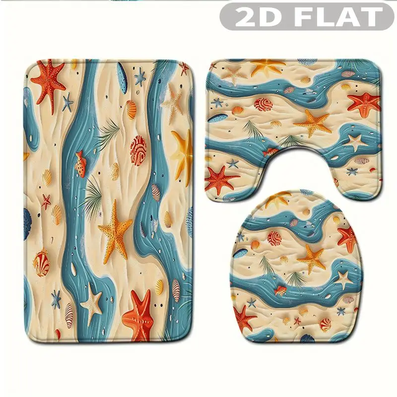 

3pcs Bathroom Rug Set Starfish Seashell Sand Wave Pattern Print Non-Slip Includes Bath Rug Contour Mat and Toilet Lid Cover Mat