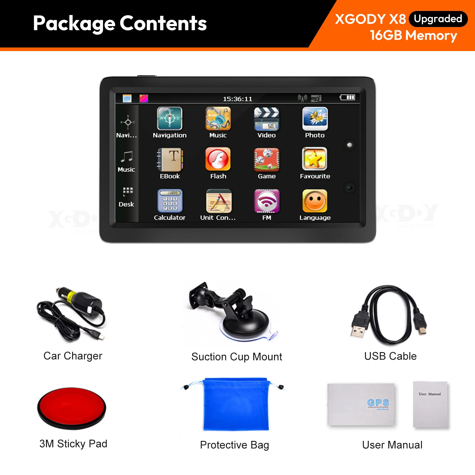 XGODY 9 بوصة 16G سيارة الملاحة التلقائية المملكة المتحدة/الاتحاد الأوروبي خريطة لمس للشاحنات والسيارات والحافلات ونظام تحديد المواقع والملاحة POI