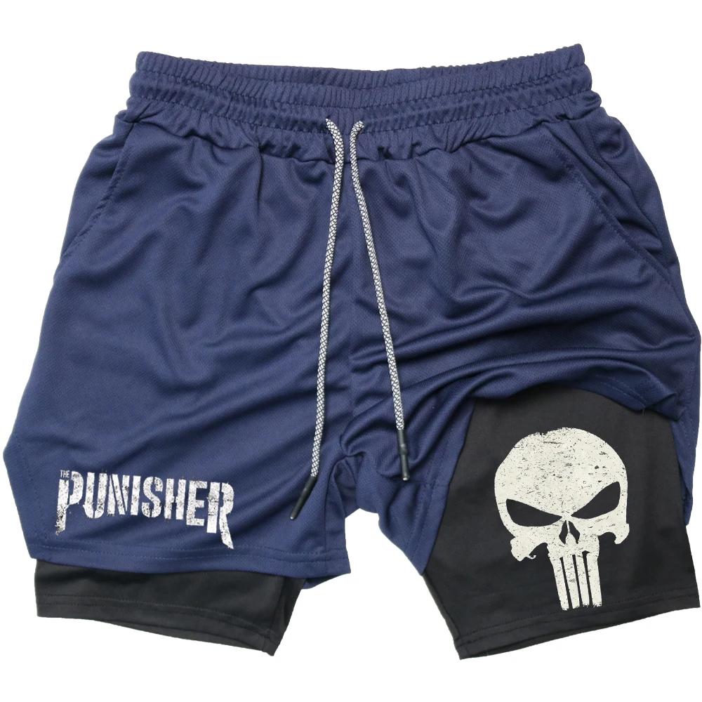 Short de fitness Marvel The Punisher pour homme, short de performance anime, short en maille, séchage rapide, pantalon court d'athlétisme, été, 2 en 1