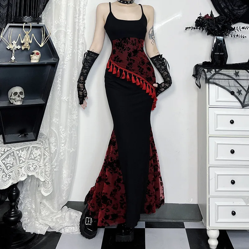 

2025 New Vintage Dark Dress Women's Chinese Style Streetwear Y2k Gothic Tassel Spaghetti Strap High Waist Bodycon Dresses Female