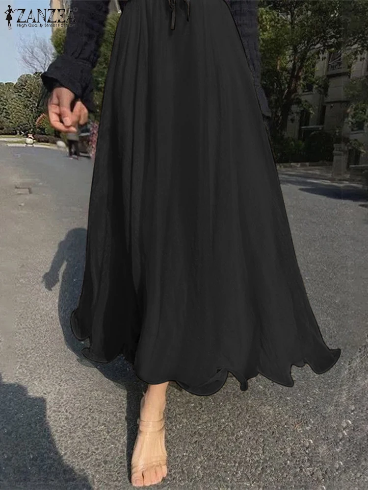 ZANZEA Women Solid Swing Skirts Fashion High Elastc Waist Faldas Holiday 2024 Summer Long Jupes Korean Pleating A-line Skirts