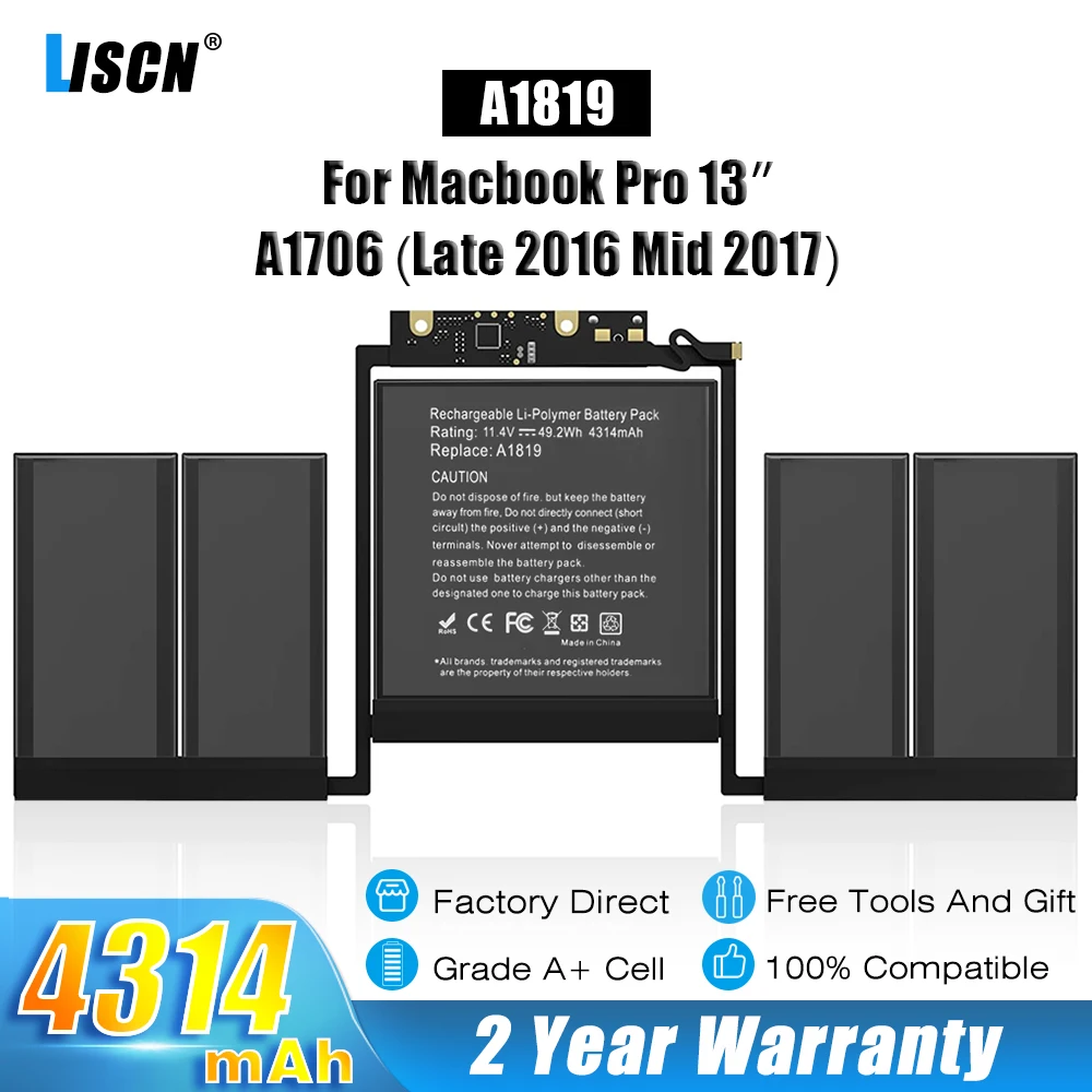 

LISCN 11.4V A1819 Battery for Apple MacBook Pro 13'' Touch Bar A1706 (Late 2016 Mid 2017) EMC 3071 EMC 3163 MLH12LL/A 4314mAh