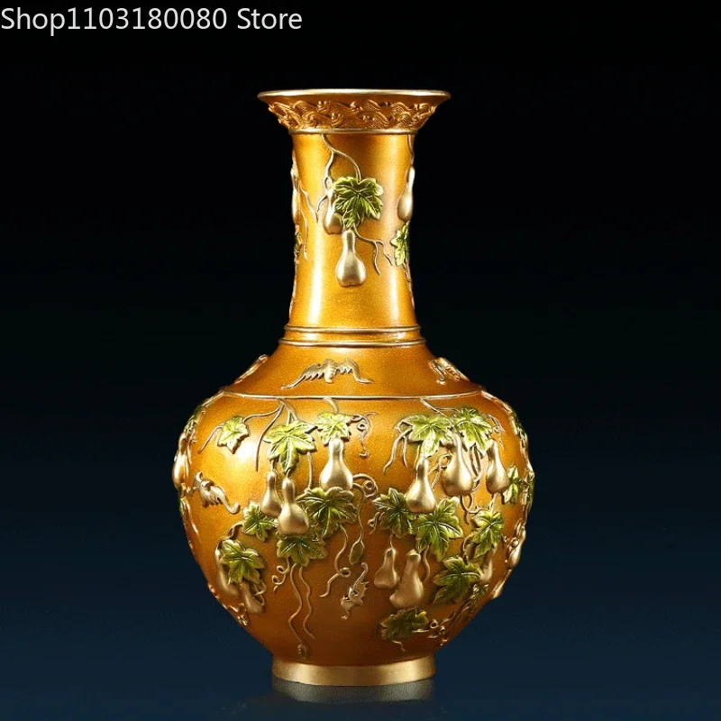 Copper brass carving Painting Gourd Vase Chinese style Large size flower vase,34.5cm