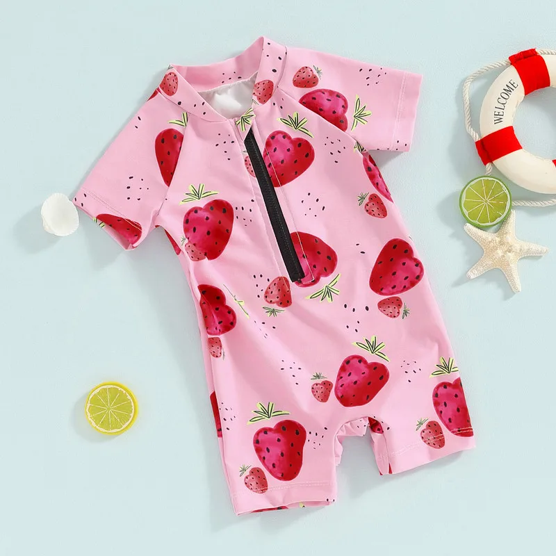 

Baby Girl Swimwear Summer Strawberry Print Short Sleeves Swimsuits for Toddler Bathing Suits Beachwear